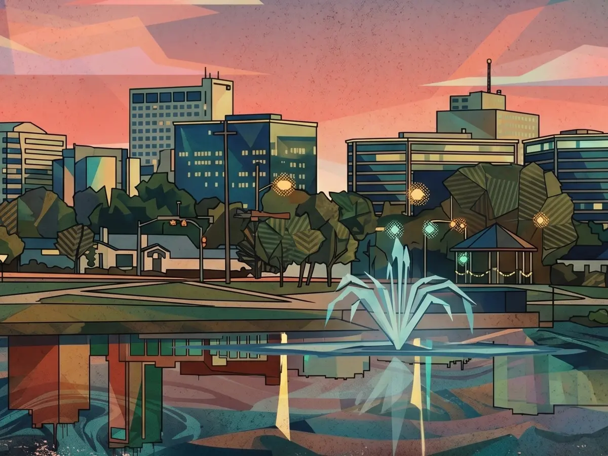 Midland, Texas downtown pond and fountain at dusk
