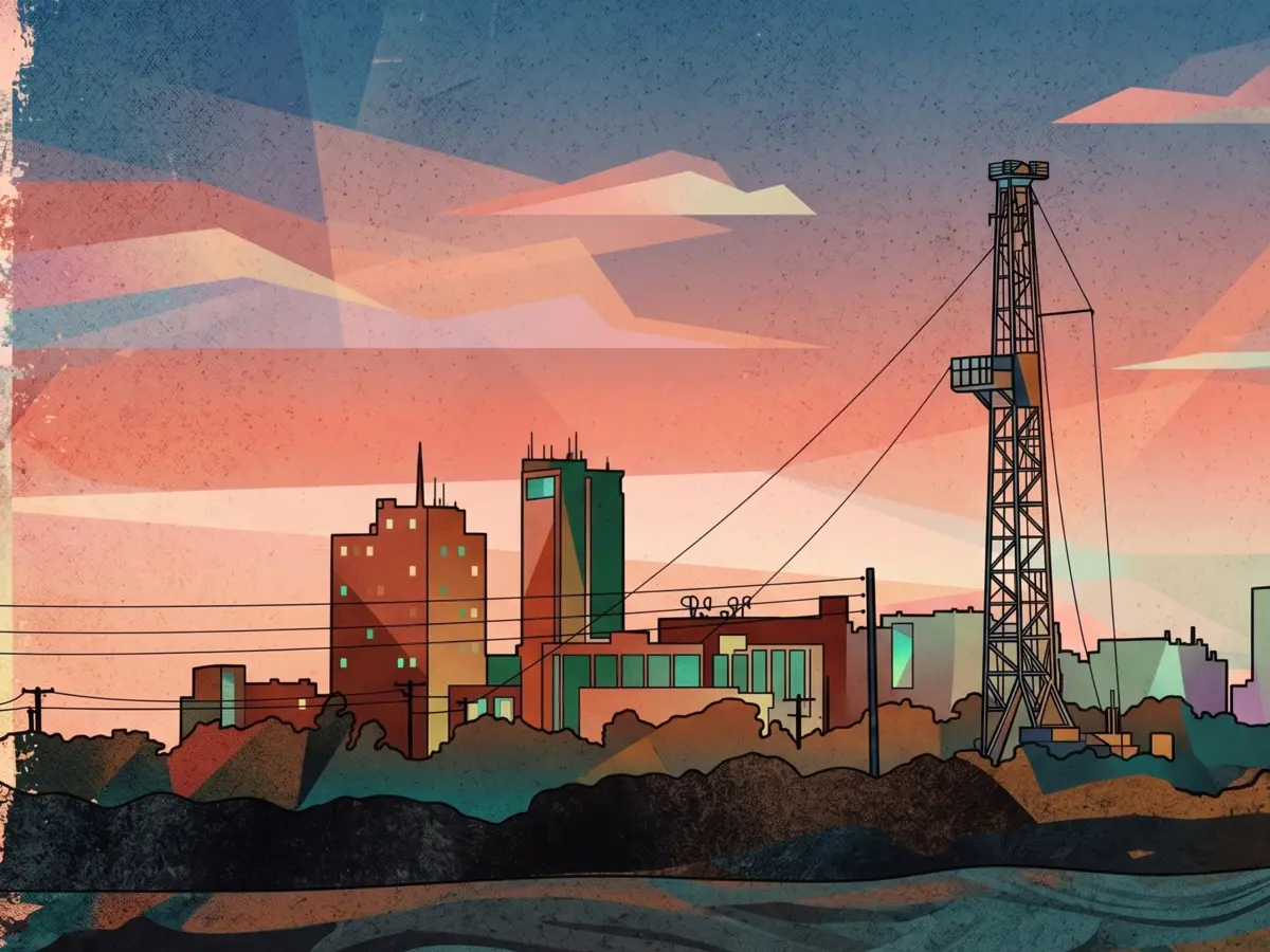 Midland, Texas skyline with a drilling rig at sunset